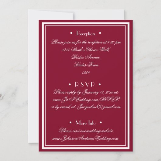 All In One RSVP Burgundy Red White Script Wedding 招待状 (裏面)