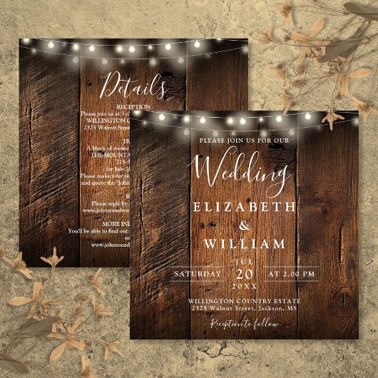 All In One Rustic Barn Wood String Lights Wedding 招待状