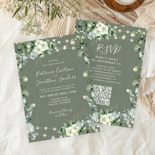 All in one rustic lights RSVP sage green wedding 招待状