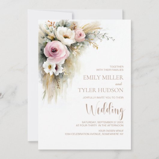 All in One Rustic Pink and White Floral Wedding 招待状 (正面)