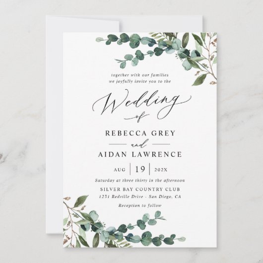 All-In-One Rustic Watercolor Greenery QR Wedding 招待状 (正面)