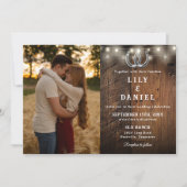 All In One Rustic Wood String Lights Wedding Photo 招待状 (正面)