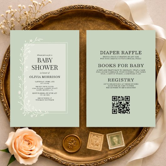 All in One Sage Green Botanical Floral Baby Shower 招待状