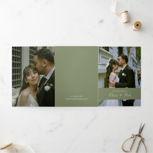 All in One Sage Green French Floral w QR Wedding 三つ折り招待状 (外部)