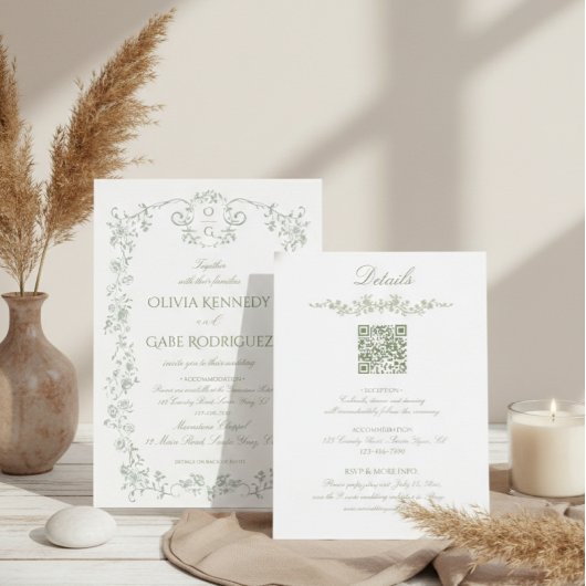All in One Sage Green French Floral w QR Wedding 招待状