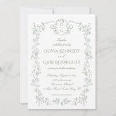 All in One Sage Green French Floral w QR Wedding 招待状 (正面)