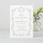 All in One Sage Green French Floral w QR Wedding 招待状 (スタンド正面)