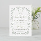 All in One Sage Green French Floral w QR Wedding 箔招待状 (立ち正面)