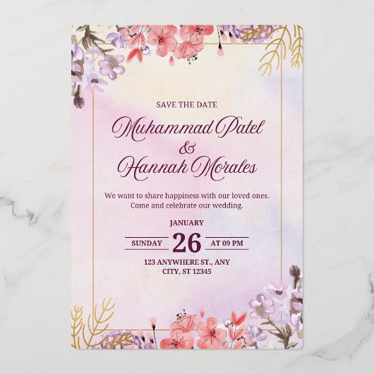 All in One Sage Green French Floral Wedding Invita 箔招待状 (正面)