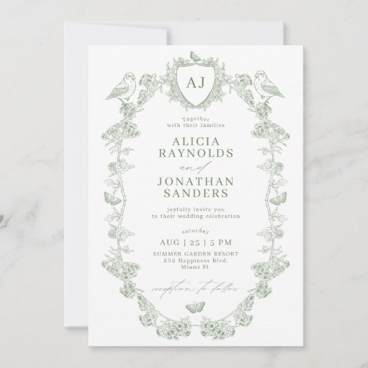 All in one sage green French Victorian wedding 招待状 (正面)