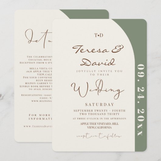 All in One Sage Green Modern  Wedding 招待状 (正面/裏面)