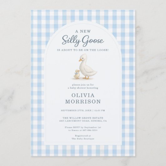 All in One Silly Goose Blue Gingham Baby Shower 招待状 (正面)