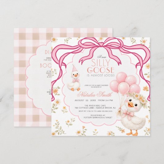 All in One Silly Goose Gingham Bow Baby Shower 招待状 (正面/裏面)
