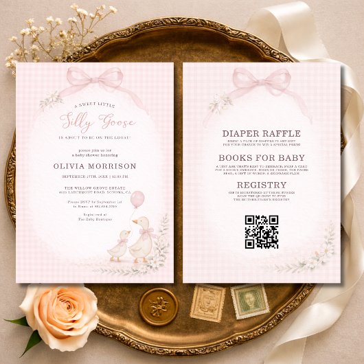 All in One Silly Goose Pink Gingham Baby Shower 招待状