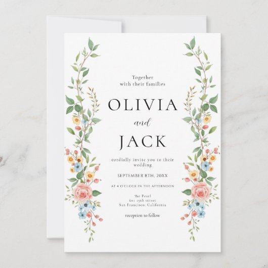 All-In-One Simple Classic wild flowers Wedding 招待状 (正面)