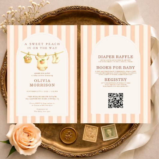 All in One Sweet Peach Stripes Baby Shower 招待状