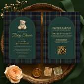 All in One Teddy Bear Plaid Green Baby Shower 招待状
