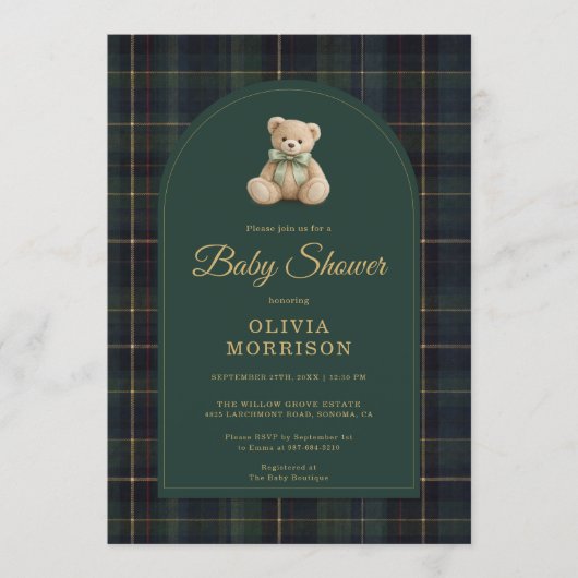 All in One Teddy Bear Plaid Green Baby Shower 招待状 (正面)