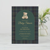 All in One Teddy Bear Plaid Green Baby Shower 招待状 (スタンド正面)
