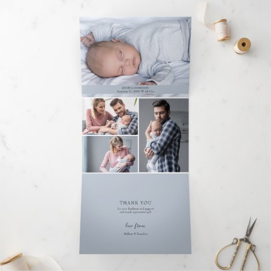 All In One Thank Youと誕生5 Boyベビー写真 三つ折り案内状 (内部)