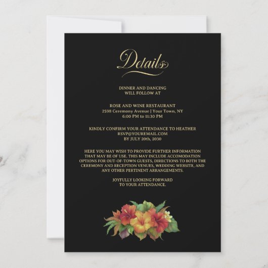 All in One Tropical Floral Black Wedding 招待状 (裏面)