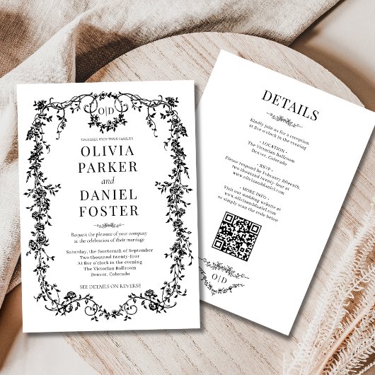 All in One Victorian Black Wedding Monogram 招待状