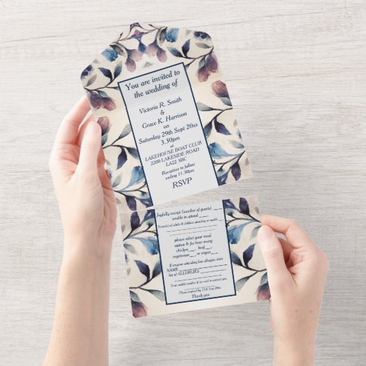 All in One Wedding Invite -薄紫の葉のフローラ オールインワン招待状 (貼ってはがせる)