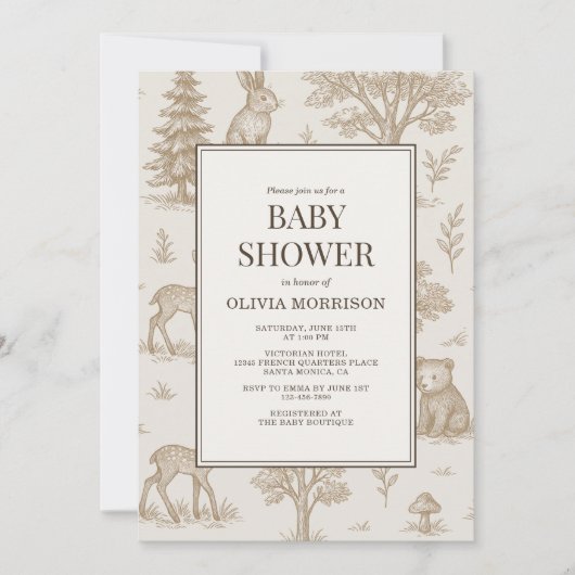 All in One Woodland Animals QR Code Baby Shower 招待状 (正面)