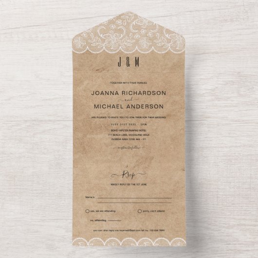 All Inclusive Lace素朴結婚とRSVP オールインワン招待状 (内側)