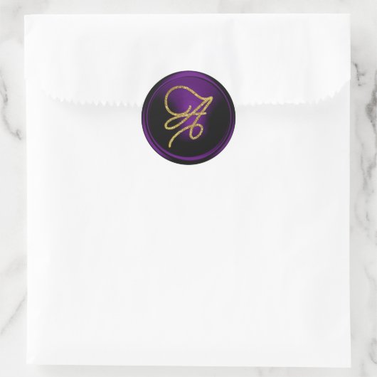 ALL INITIALS Gold Script Monogram Dark Purple ラウンドシール (バッグ)