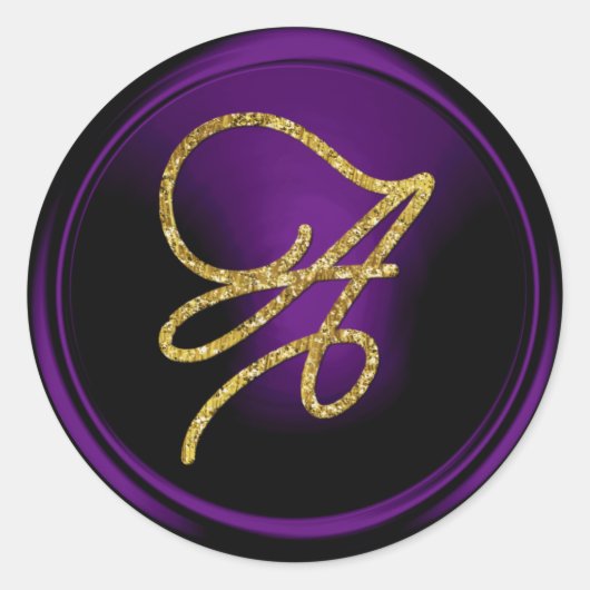 ALL INITIALS Gold Script Monogram Dark Purple ラウンドシール (正面)