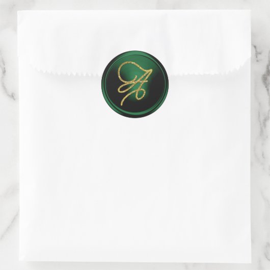 ALL INITIALS Gold Script Monogram Emerald Green ラウンドシール (バッグ)