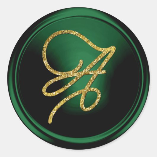 ALL INITIALS Gold Script Monogram Emerald Green ラウンドシール (正面)