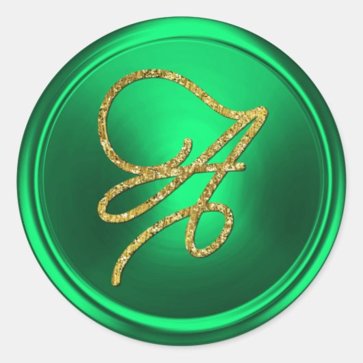 ALL INITIALS Gold Script Monogram Kelly Green ラウンドシール (正面)