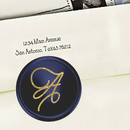 ALL INITIALS Gold Script Monogram Navy Blue ラウンドシール