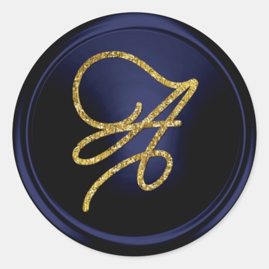 ALL INITIALS Gold Script Monogram Navy Blue ラウンドシール (正面)