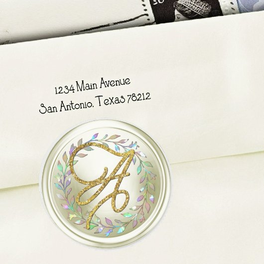 ALL INITIALS Gold Script Monogram Off White Wreath ラウンドシール