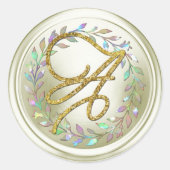 ALL INITIALS Gold Script Monogram Off White Wreath ラウンドシール (正面)