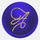 ALL INITIALS Gold Script Monogram Royal Blue ラウンドシール (正面)