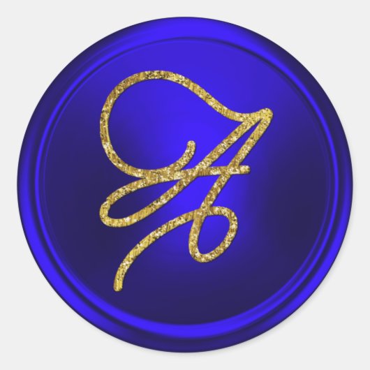 ALL INITIALS Gold Script Monogram Royal Blue ラウンドシール (正面)