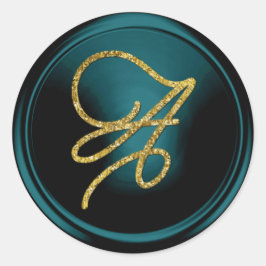 ALL INITIALS Gold Script Monogram Teal Blue ラウンドシール