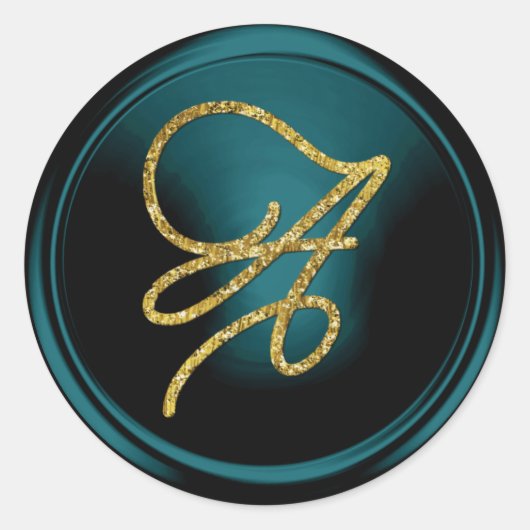 ALL INITIALS Gold Script Monogram Teal Blue ラウンドシール (正面)