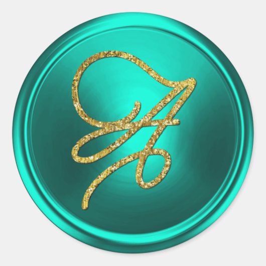 ALL INITIALS Gold Script Monogram Turquoise ラウンドシール (正面)