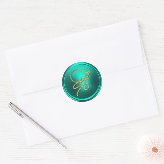ALL INITIALS Gold Script Monogram Turquoise ラウンドシール (封筒)
