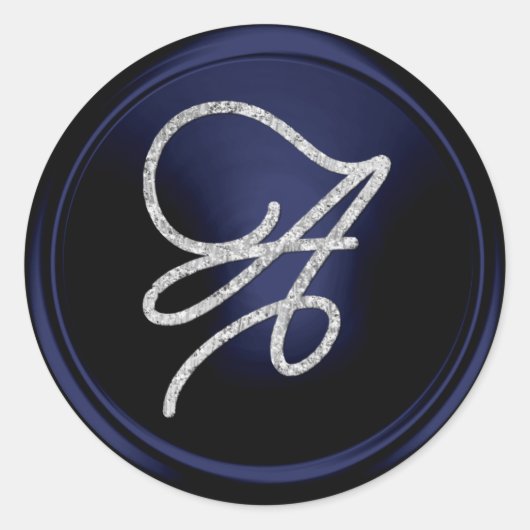 ALL INITIALS Silver Script Monogram Navy Blue ラウンドシール (正面)
