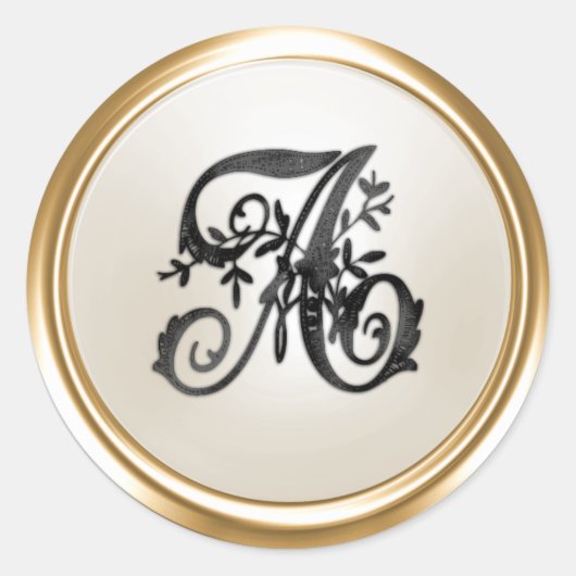 All Letter Black Ivory Ornate Initial Monogram  ラウンドシール (正面)