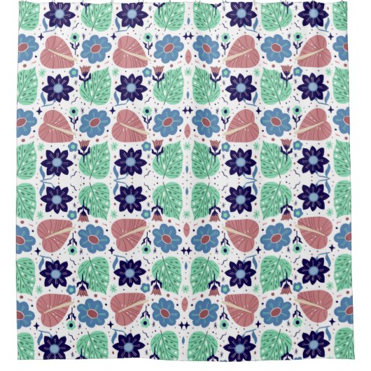 All Over Leaves And Flower Pattern  シャワーカーテン (正面)