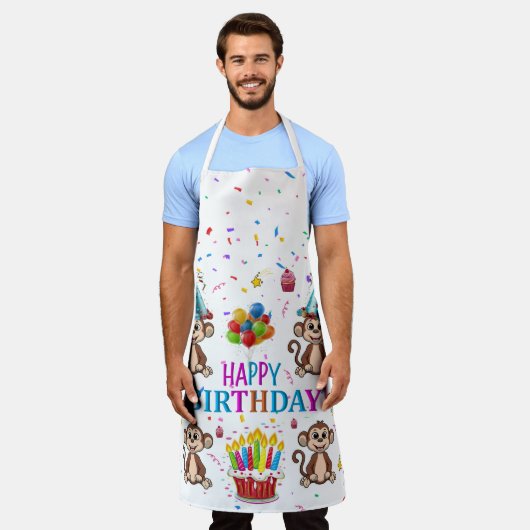 All Over Print Apron Happy Birthday Monkey エプロン (着用した状態)