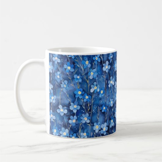 All Over Shades of Blue Floral Pattern コーヒーマグカップ (左)