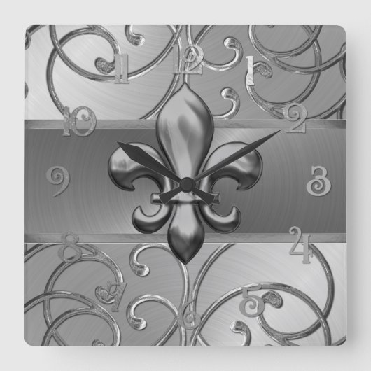All Silver Filigree Swirls Fleur de Lis スクエア壁時計 (正面)